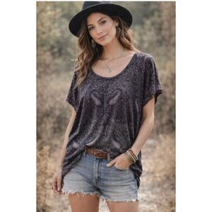 Lucky Brand Plus Size 1X Paisley Split Back Tee - Indigo Purple Boho Top